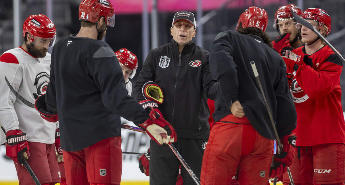 Carolina Hurricanes coach Rod Brind’Amour huddles with his players during practice, ahead of Game 4 of the Stanley Cup Final, on Monday, June 8, 2026 at T-Mobile Arena in Las Vegas, NV