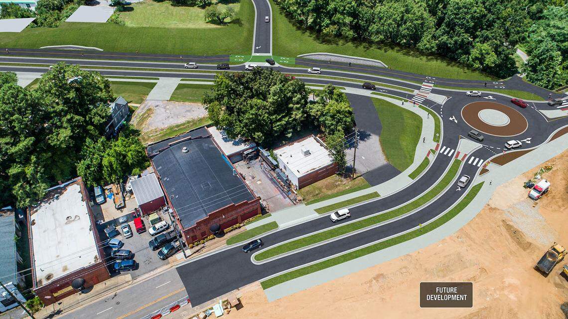 A rendering of the planned roundabout where Lake Wheeler Road, top, meets South Saunders Street southwest of downtown Raleigh. The roundabout is one of four planned along Lake Wheeler Road.