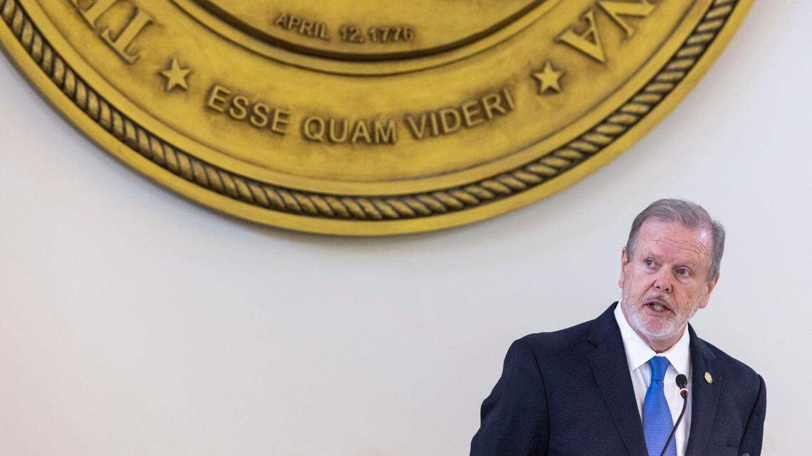 Senate leader Phil Berger presides over the afternoon Senate session, leading the passage of Medicaid expansion on Wednesday, June 1, 2022 at the General Assembly in Raleigh, N.C.