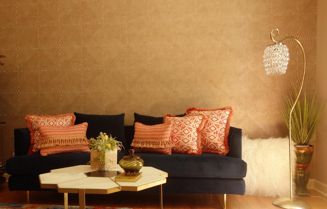 Mid Century Optic by York hits the mark to produce the finishing touch in this swanky lounge.  The endless geometric pattern creates a cosmopolitan hip feeling of a cocktail lounge within someone’s home.