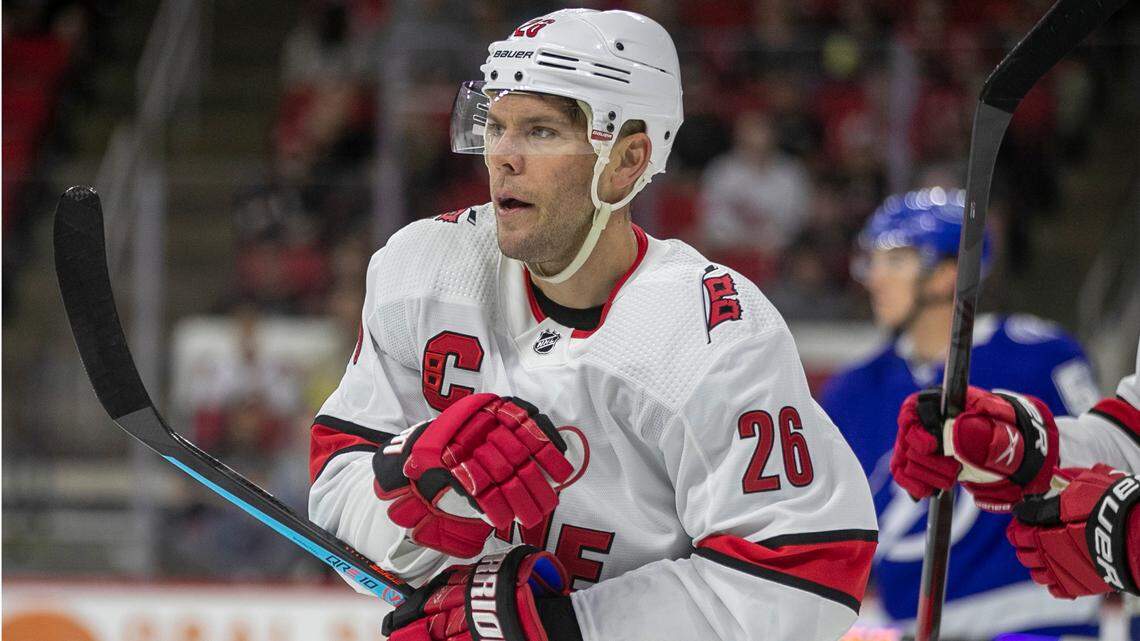 Carolina Hurricanes’ Paul Stastny (26) skates during the Hurricanes game against Tamp Bay on Tuesday, September 27, 2022 at PNC Arena in Raleigh, N.C.