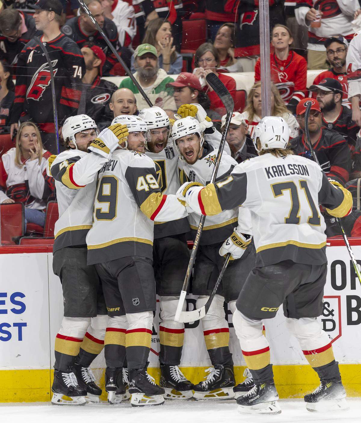 Vegas center Brett Howden (21) celebrates with teammates after scoring to take a 2-0 lead in the second period in Game 2 of the Stanley Cup Final, on Thursday, June 4, 2026 at Lenovo Center in Raleigh, N.C. 