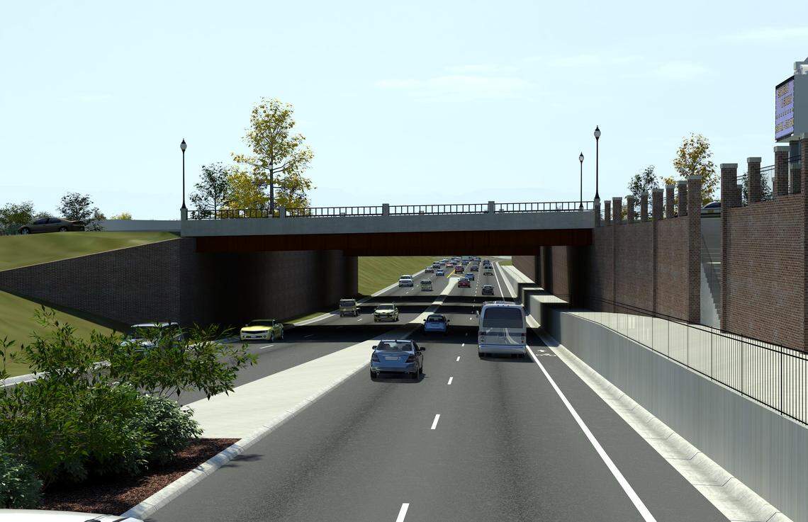A rendering of the planned Blue Ridge Road underpass under Hillsborough Street, the N.C. Railroad tracks and Beryl Street in Raleigh. The N.C. State Fairgrounds is on the right.