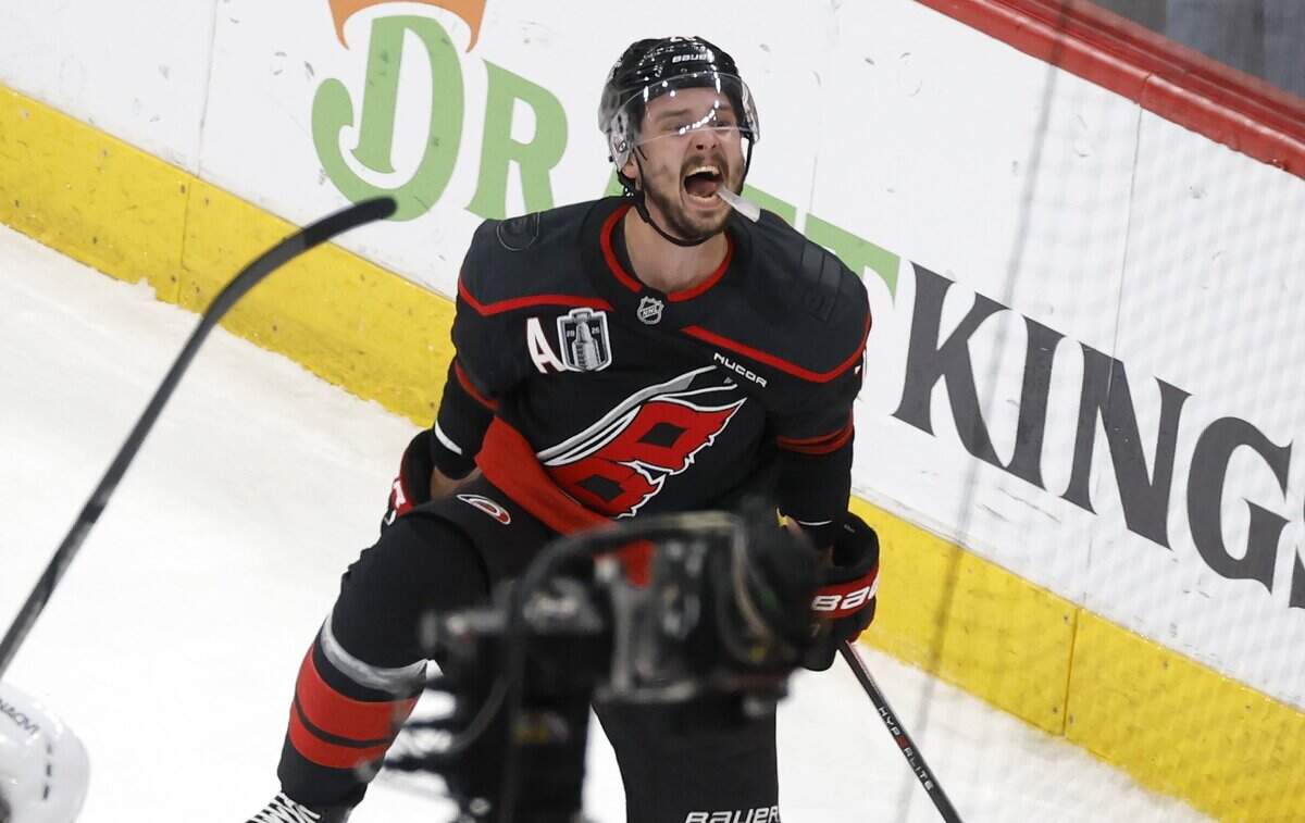 Carolina's Sebastian Aho (20) celebrates after scoring in the second period of the Hurricanes’ game against the Golden Knights in the fifth game of the Stanley Cup Final at the Lenovo Center in Raleigh, N.C., Thursday, June 11, 2026.
