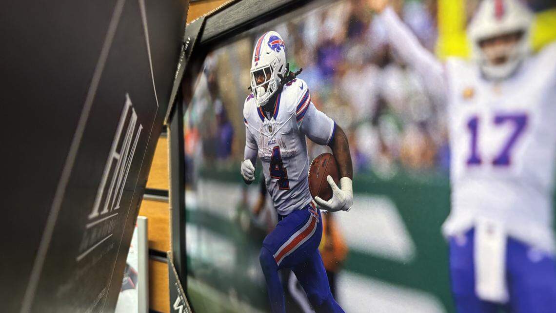 A photo of Buffalo Bills running back James Cooks on sale at the Wegmans on Davis Drive in Morrisville, N.C.