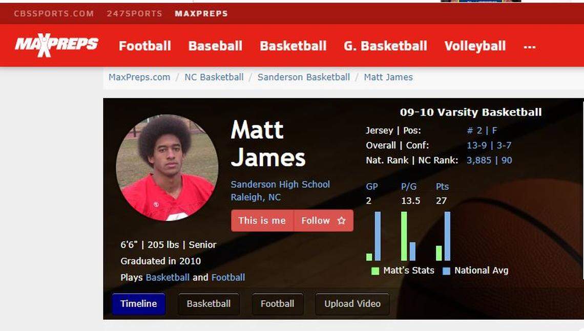 A CBS Sports MaxPreps listing for Matt James when at Sanderson High School in Raleigh.