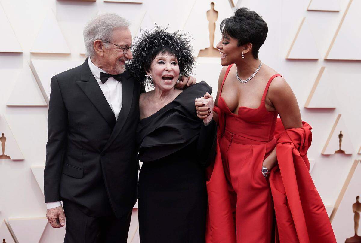 Steven Spielberg, from left, Rita Moreno and Ariana DeBose arrive at the Oscars on Sunday, March 27, 2022, at the Dolby Theatre in Los Angeles.