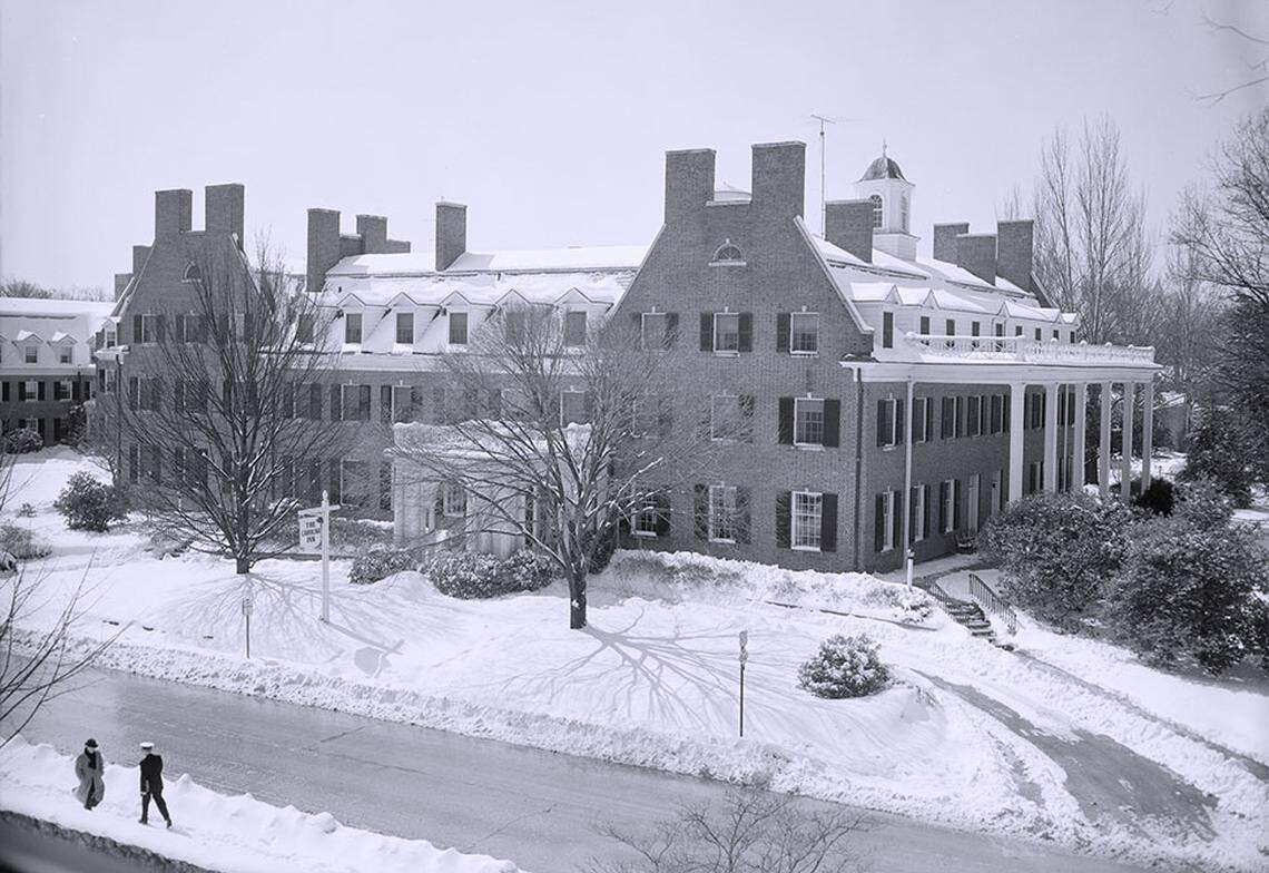 UNC Chapel Hill’s Carolina Inn after a snowfall around 1960. The hotel, opened in 1924, is said to be haunted by the spirit of a public health doctor named William Jacocks who lived there for the last 17 years of his life.
