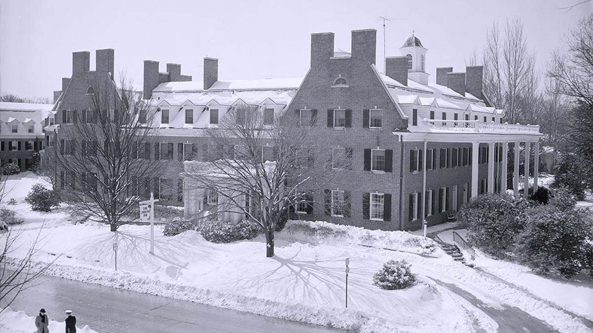 UNC Chapel Hill’s Carolina Inn after a snowfall around 1960. The hotel, opened in 1924, is said to be haunted by the spirit of a public health doctor named William Jacocks who lived there for the last 17 years of his life.