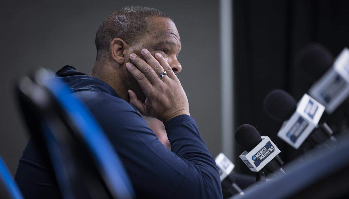 North Carolina coach Hubert Davis fields questions during a media availability for the NCAA Tournament on Wednesday, March 20, 2024 at Spectrum Center in Charlotte,