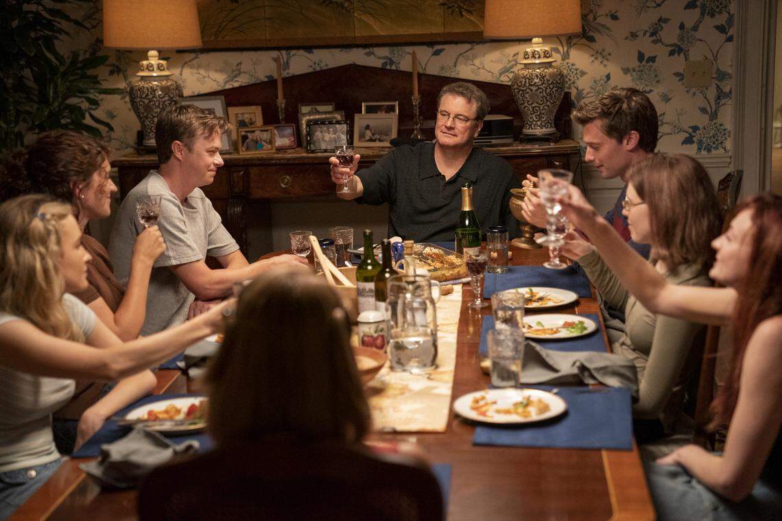 Colin Firth at center as Michael Peterson in the HBO Max limited series “The Staircase.” Patrick Schwarzenegger as Todd Peterson is on the right and Dane DeHaan as Clayton Peterson is left.