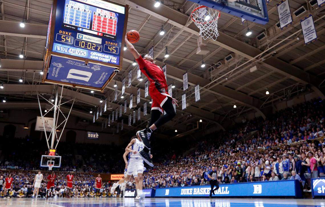 N.C. State’s Jack Clark (5) heads to slam in two during Duke’s 71-67 victory over N.C. State at Cameron Indoor Stadium in Durham, N.C., Tuesday, Feb. 28, 2023.
