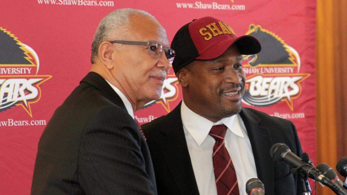 Shaw athletic director Alfonza Carter, left, and football coach Adrian Jones in 2016.