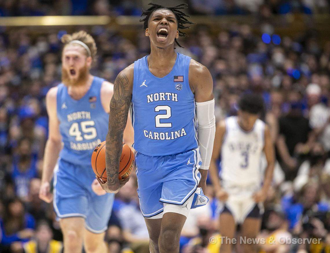 North CarolinaÕs Caleb Love (2) as the Tar Heels take a commanding 88-76 lead over Duke with :44 seconds to play in the game on Saturday, March 5, 2022 in Durham, N.C.