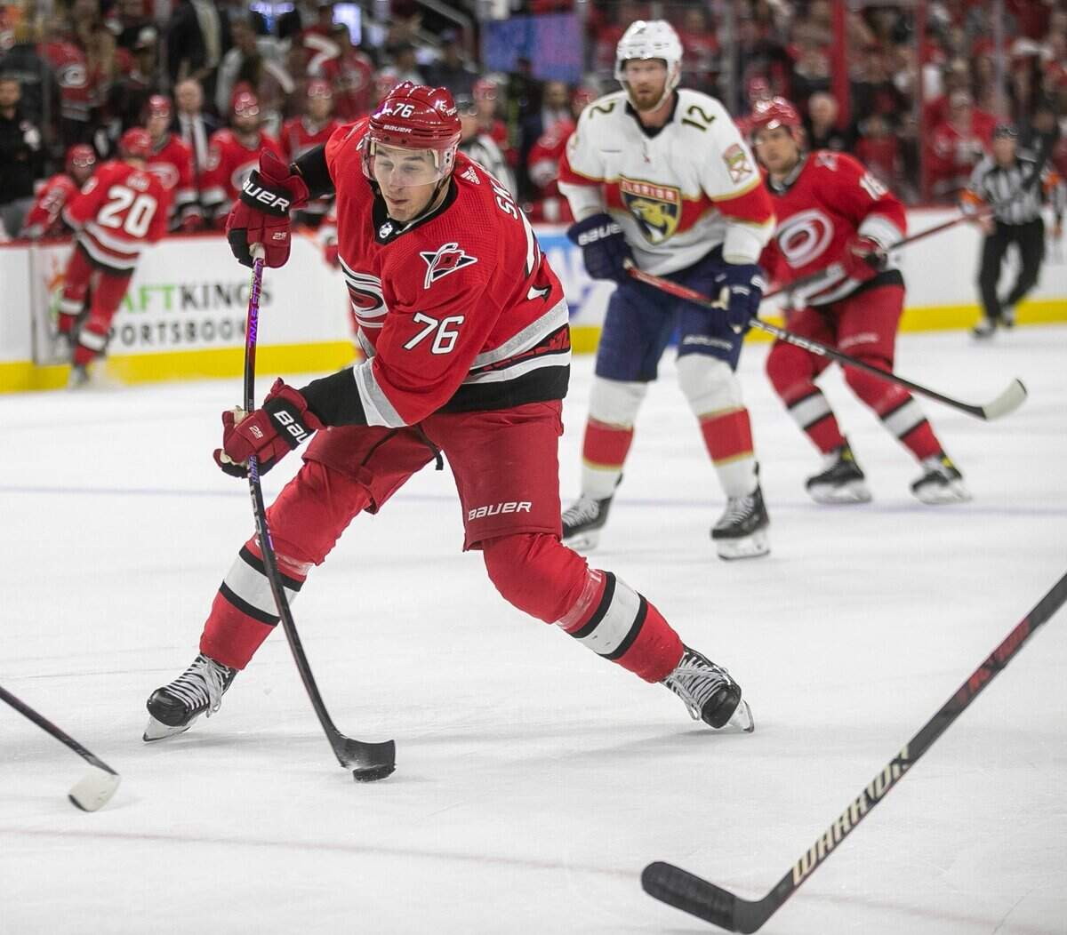 The Carolina Hurricanes Brady Skjei (76) takes a shot on goal in the first period agains the Florida Panthers during Game 1 of the Eastern Conference Finals on Thursday, May 18, 2023 at PNC Arena in Raleigh, N. C.