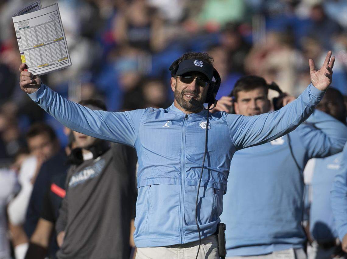 North Carolina coach Larry Fedora reacts to a penalty against his team in the fourth quarter against Duke on Saturday, November 10, 2018 at Wallace Wade Stadium in Durham, N.C.