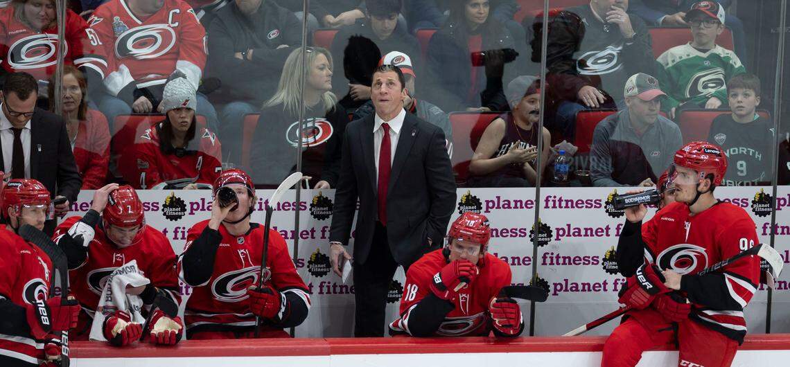 Carolina Hurricanes coach Rod Brind’Amour checks the scoreboard during the Hurricanes’ game against Anaheim on Sunday, January 12, 2025 at Lenovo Center in Raleigh, N.C.