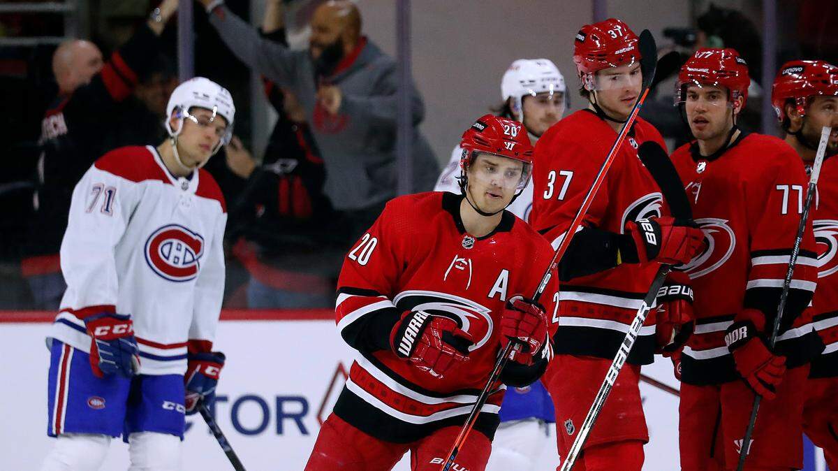 Carolina Hurricanes’ Sebastian Aho (20) skates away after a goal against the Montreal Canadiens during the first period of an NHL hockey game in Raleigh, N.C., Thursday, March 31, 2022. (AP Photo/Karl B DeBlaker)