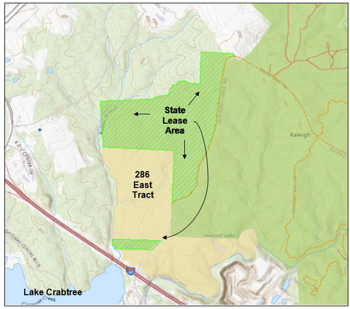 A map of two properties that Wake County is leasing to create the Haleys Branch Trails, named for a creek on the western boundary.