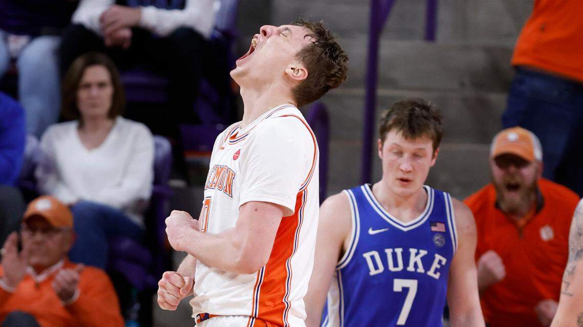 Clemson’s Viktor Lakhin (0) celebrates after making the basket while being fouled during second half Clemson’s 77-71 victory over Duke at Littlejohn Coliseum in Clemson, S.C., Saturday, Feb. 8, 2025.