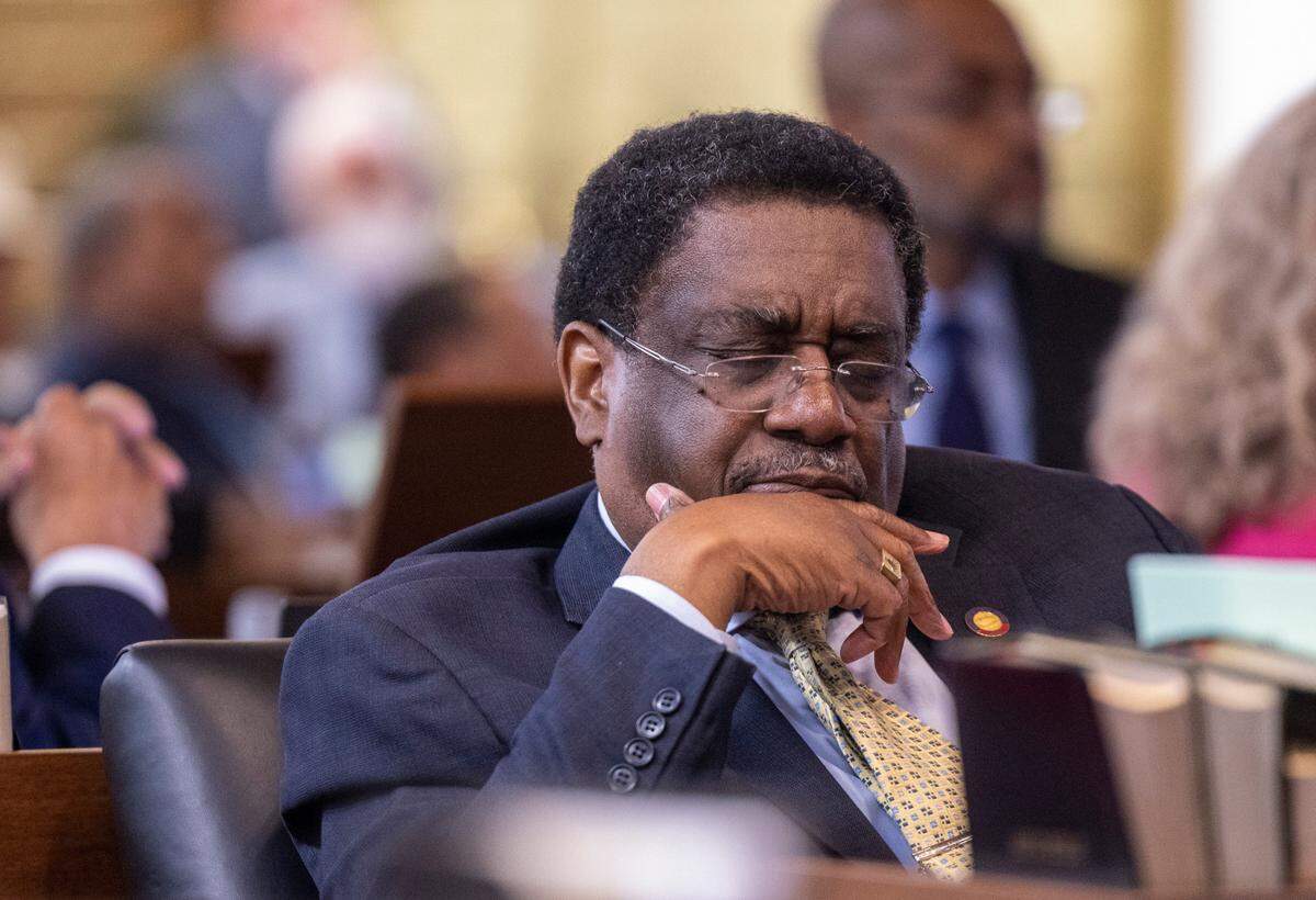 Rep. Garland Pierce a Hoke and Scotland County Democrat listens to debate on an abortion restriction bill at the State Legislature Building on Wednesday, May 3, 2022. Pierce, considered a swing vote, voted against the bill.