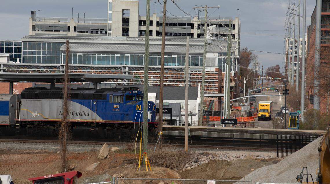 Looking north on S. West Street from W. Cabarrus Street across railroad tracks. Proposals have included extending West Street across the CSX and NC Railroad corridors via bridges over the railroad tracks or under the tracks.