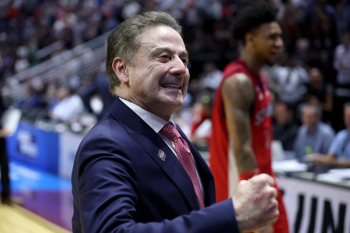 Head coach Rick Pitino of the St. John's Red Storm celebrates a 67-65 victory over the Kansas Jayhawks in the second round of the 2026 NCAA Men's Basketball Tournament at Viejas Arena at San Diego State University on March 22, 2026 in San Diego, California.