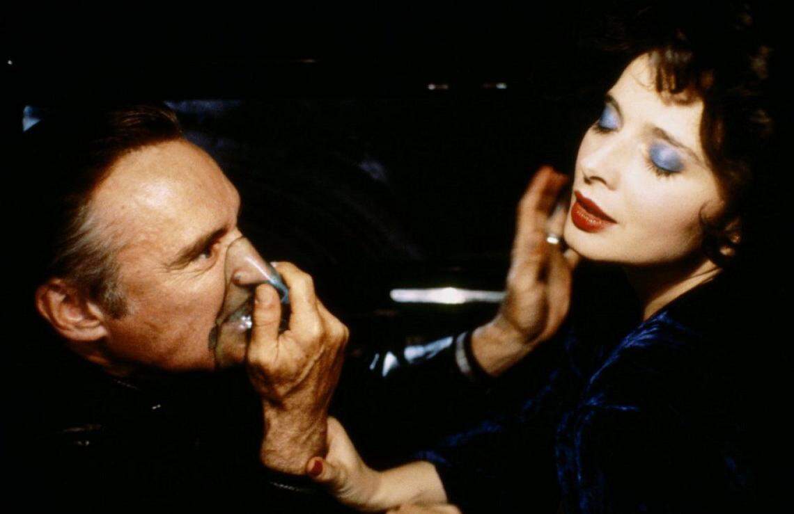 Dennis Hopper, left, and Isabella Rossellini in “Blue Velvet” which was filmed in NC.