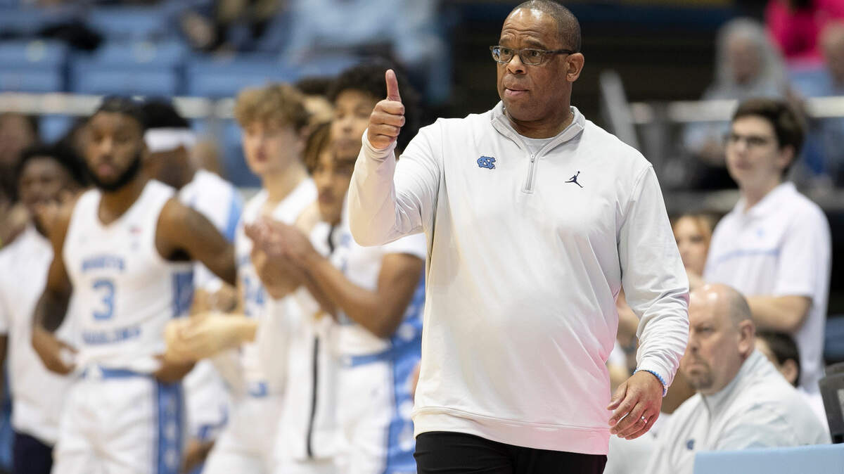North Carolina coach Hubert Davis directs his team on offense during the first half against The Citadel on Tuesday, December 13, 2022 at the Smith Center in Chapel Hill, N.C.