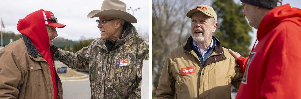 Sheriff Sam Page (left image) and Sen. Phil Berger (right image), both talked with voters at polling places in Rockingham County on Tuesday, a week before their Republican primary.