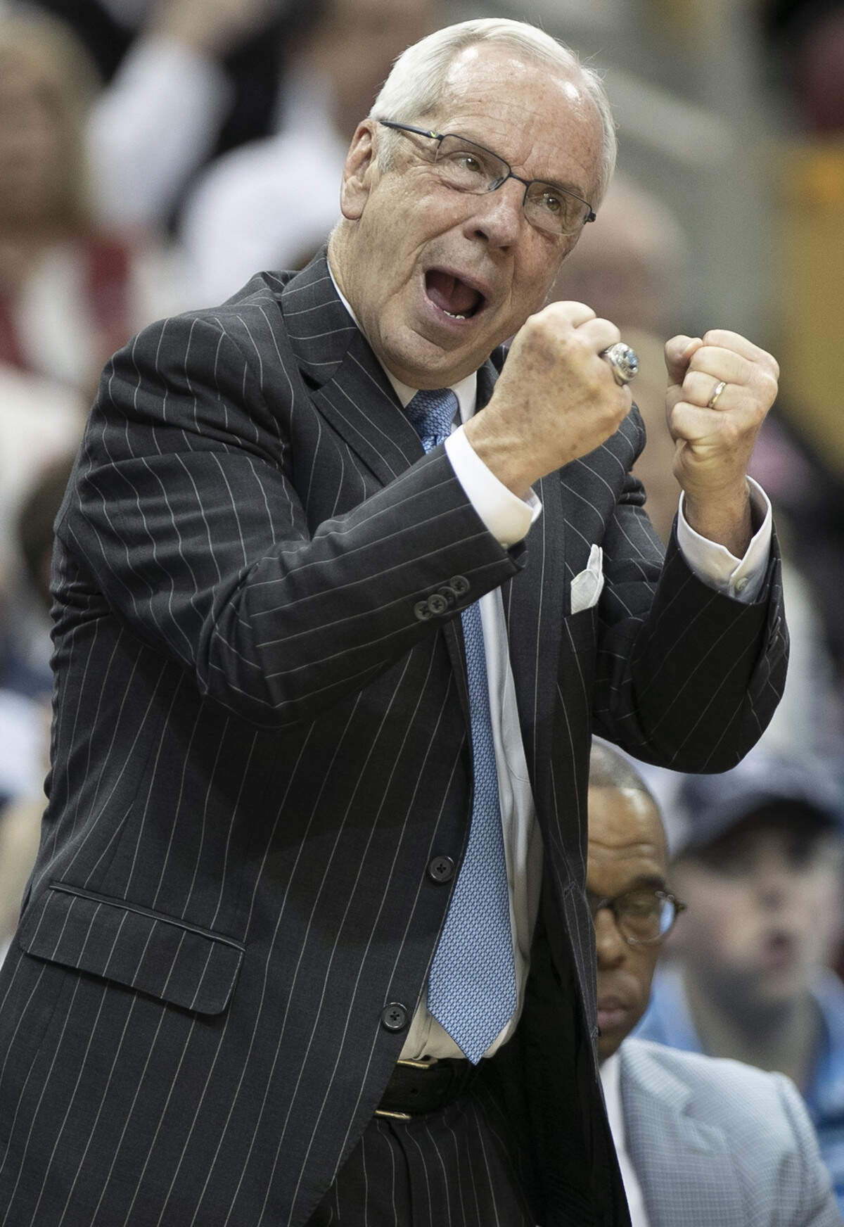 North Carolina coach Roy Williams instructs his team on rebounding technique during the second half against Louisville on Saturday, February 2, 2019 at the KFC Yum! Center in Louisville, Ky.