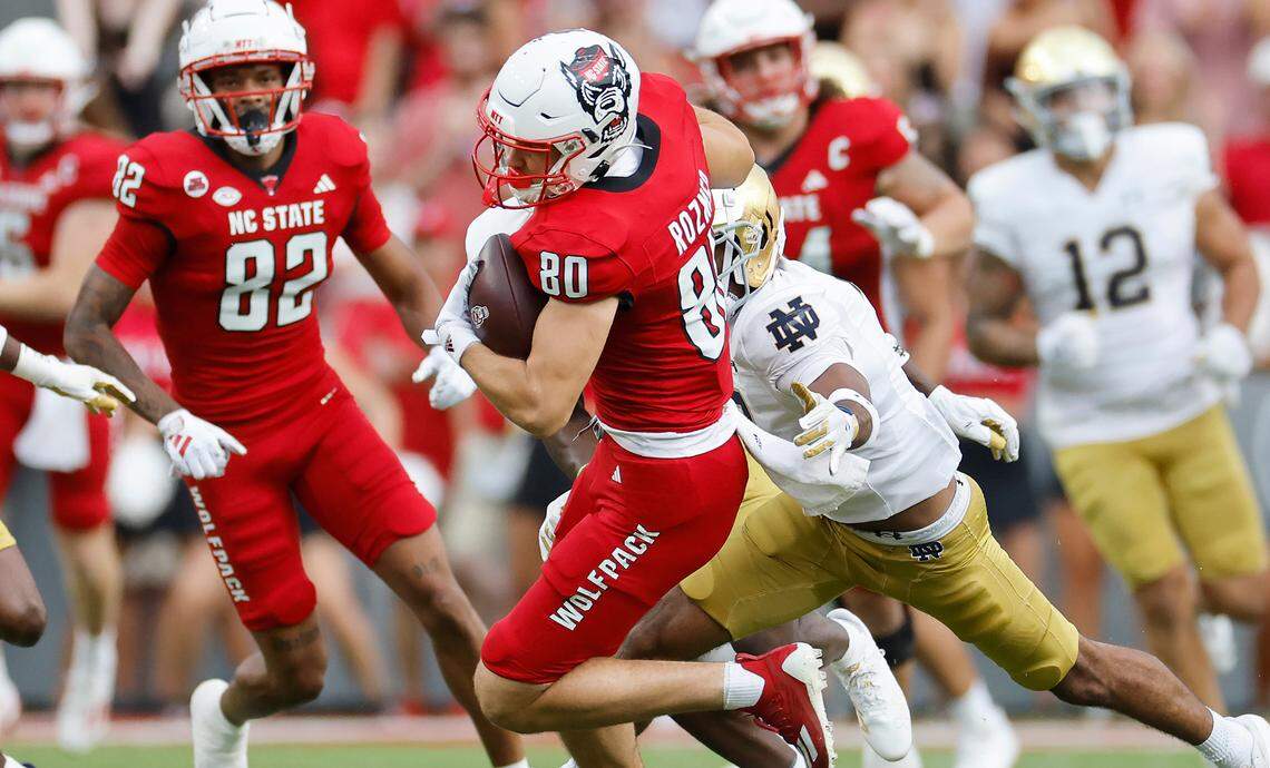 N.C. State wide receiver Bradley Rozner (80) gains yards after making a reception during the first half of N.C. State’s game against Notre Dame at Carter-Finley Stadium in Raleigh, N.C., Saturday, Sept. 9, 2023.