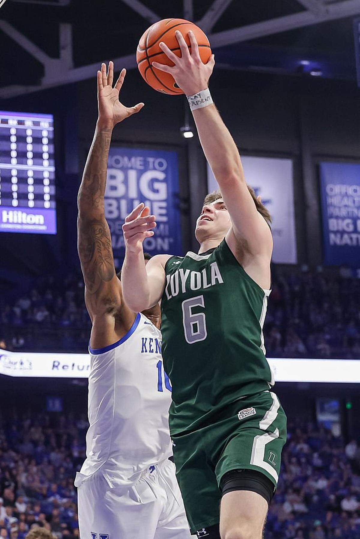 Jacob Theodosiou (6) of Loyola (MD) shoots the ball against Brandon Garrison (10) of Kentucky during the first half of their game at Rupp Arena on November 21, 2025 in Lexington, Kentucky.
