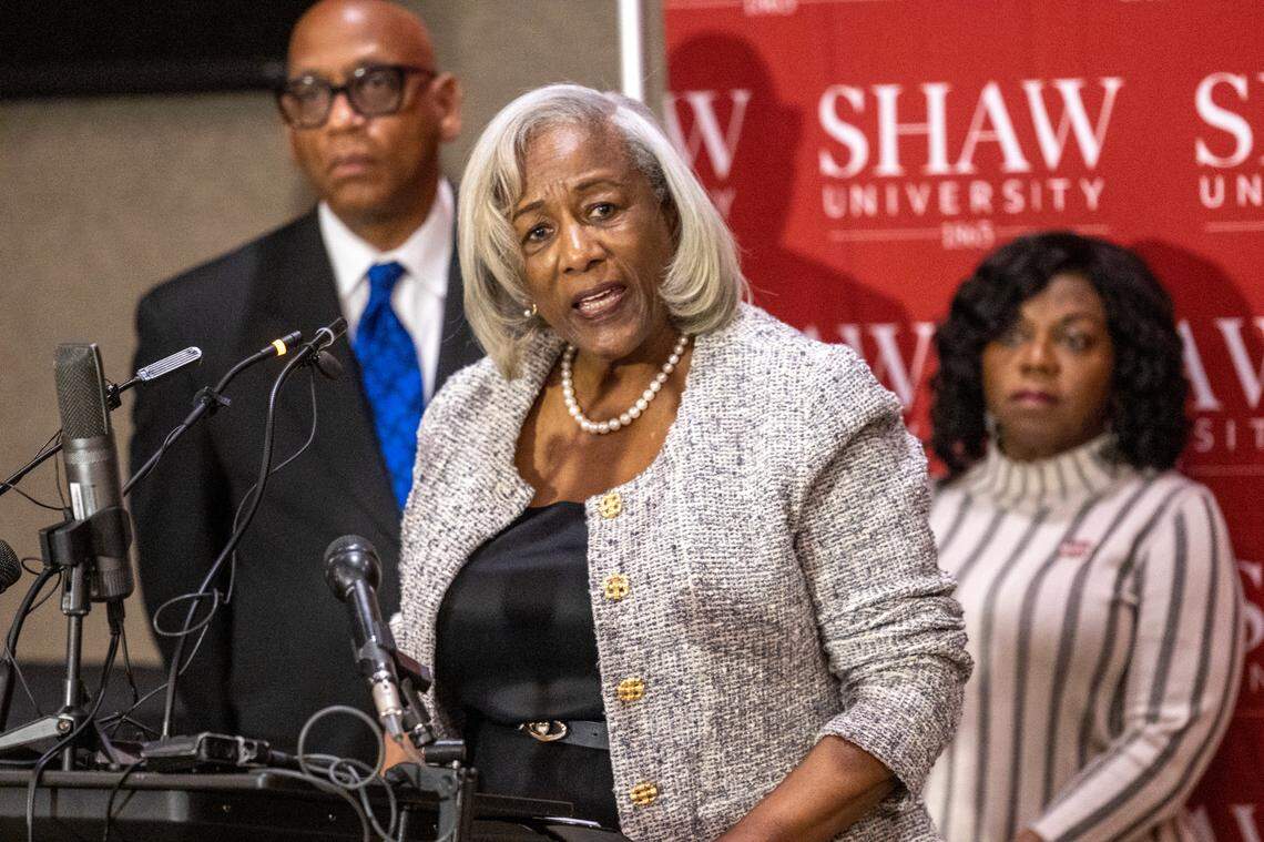 Shaw University President Paulette Dillard&nbsp;speaks during a press conference Monday, Nov. 21, 2022 at the university. Shaw has filed a federal complaint with the U.S. Department of Justice over a traffic stop and search of a bus carrying students to an academic conference in October.