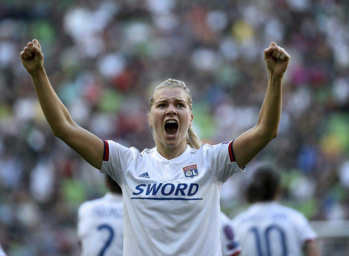 Ada Hegerberg of Lyon celebrates her goal during the women’s soccer UEFA Champions League final match between Olympique Lyon and FC Barcelona at the Groupama Arena in Budapest, Hungary, Saturday, May 18, 2019. (Balazs Czagany/MTI via AP)