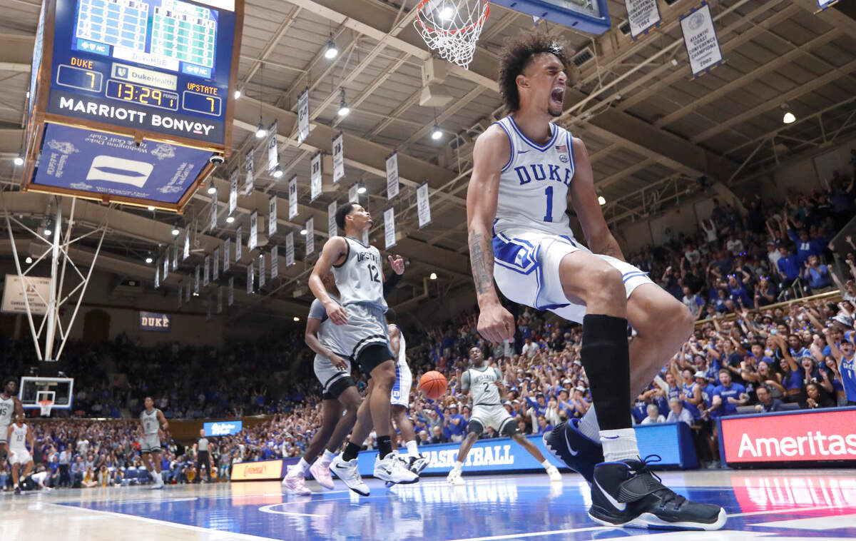 Duke’s Dereck Lively II (1) celebrates after slamming in two during Duke’s 84-38 victory over USC Upstate at Cameron Indoor Stadium in Durham, N.C., Friday, Nov. 11, 2022.