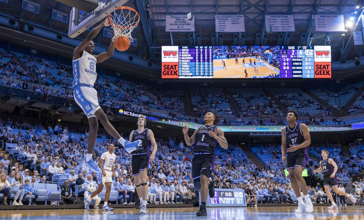North Carolina forward Caleb Wilson (8) dunks on a fast break in the first half against Central Arkansas on Monday, November 3, 2025 at the Smith Center in Chapel Hill, N.C.