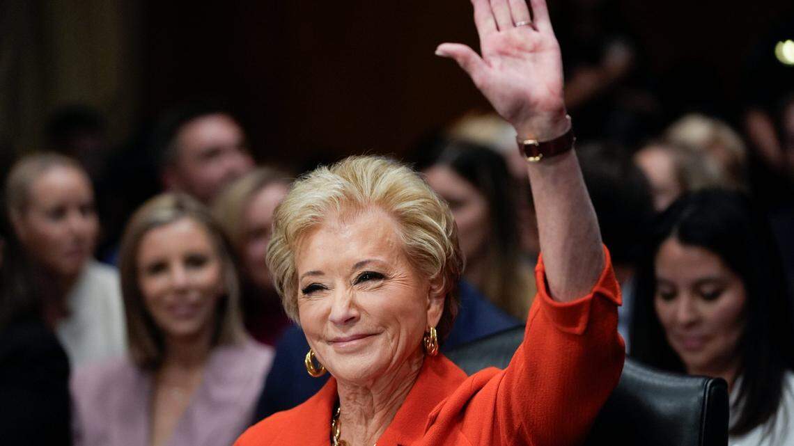Linda McMahon, President Donald Trump's nominee for Secretary of Education, waves to senators upon her arrival before she would testify in a confirmation hearing before the Senate Committee on Health, Education, Labor, and Pensions on Feb. 13, 2025, in Washington. McMahon served as head of the U.S. Small Business Administration during Donald Trump's first presidential administration and was CEO of World Wrestling Entertainment.