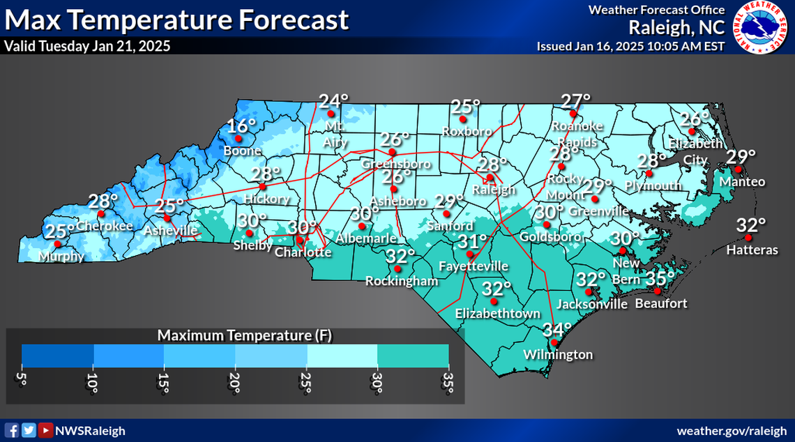 A cold front is bringing some of the most frigid temperatures central and Eastern North Carolina have seen this winter. Raleigh and the Triangle will see a high of around 28 degrees on Tuesday and Wednesday, forecasters say.
