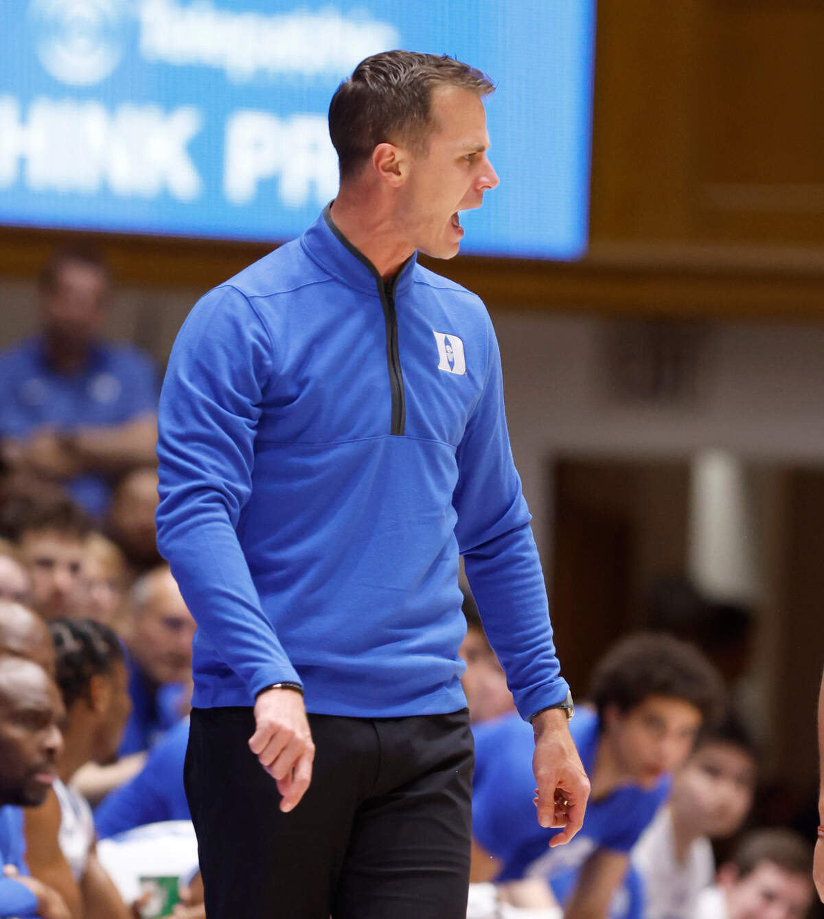 Duke head coach Jon Scheyer reacts after he is called for a technical foul during the first half of Duke’s game against Bucknell at Cameron Indoor Stadium in Durham, N.C., Friday, Nov. 17, 2023.
