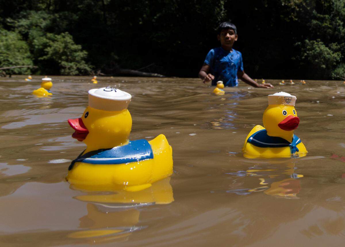 Rubber duckies float beside a child towards the finish line during the annual Great Bullhole Duck Race on Saturday, Aug. 5, 2023, at RiverPark at Cooleemee Falls in Woodleaf, N.C.