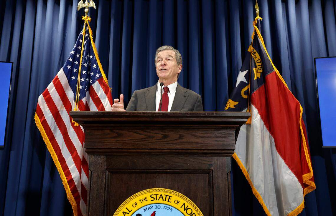 Gov. Roy Cooper talks about what is in his budget proposal during a press conference in Raleigh, N.C., Wednesday, April 24, 2024.
