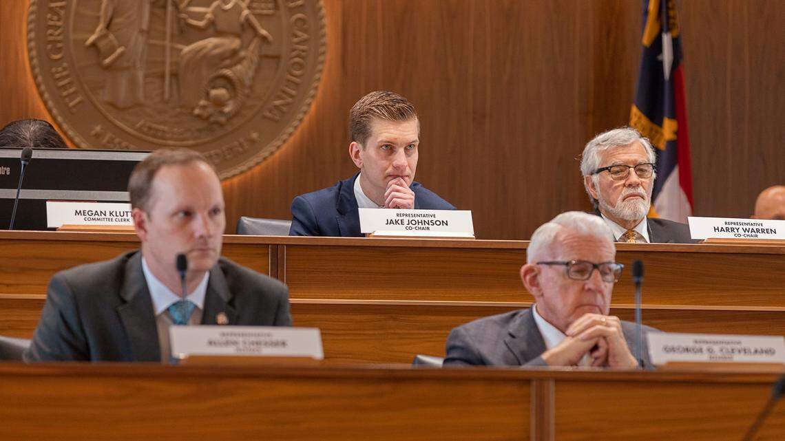 North Carolina House Reps. Jake Johnson, top row left, and Harry Warren at the March hearing in which SBI director Bob Schurmeier testified before the House Oversight and Reform Committee.
