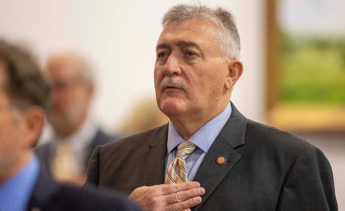 Rep. Donnie Loftis of Gaston County recites the Pledge of Allegiance at the start of the House session on Thursday, November 4, 2021 in Raleigh, N.C. Loftis was appointed to the General Assembly on October, 27, 2021 to fill the seat of the late Rep. Dana Bumgardner.