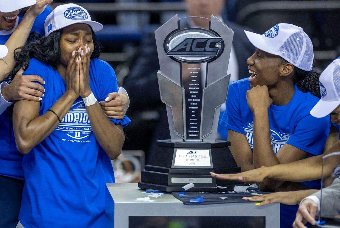 Duke’s Oluchi Okananwa (05) reacts as she is selected the ACC Tournament MVP following the Blue Devils 76-62 victory over N.C. State to clinch the ACC Championship on Sunday, March 9, 2025 in Greensboro, N.C.