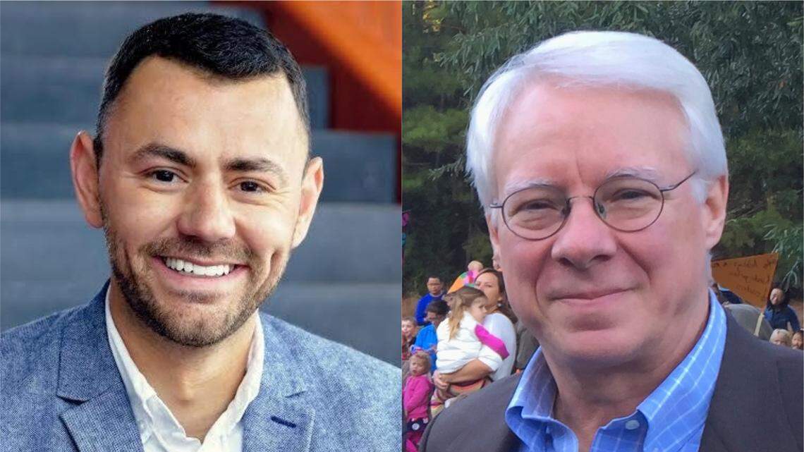 Challenger Jonathan Melton, left, and Raleigh City Council member Russ Stephenson