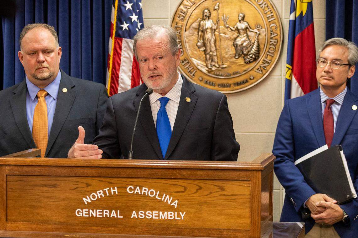 Senate President Pro Tempore Phil Berger, center, outlines the Senate Republicans’ budget proposal during a press conference on Monday, May 15, 2023 at the Legislative Building in Raleigh.