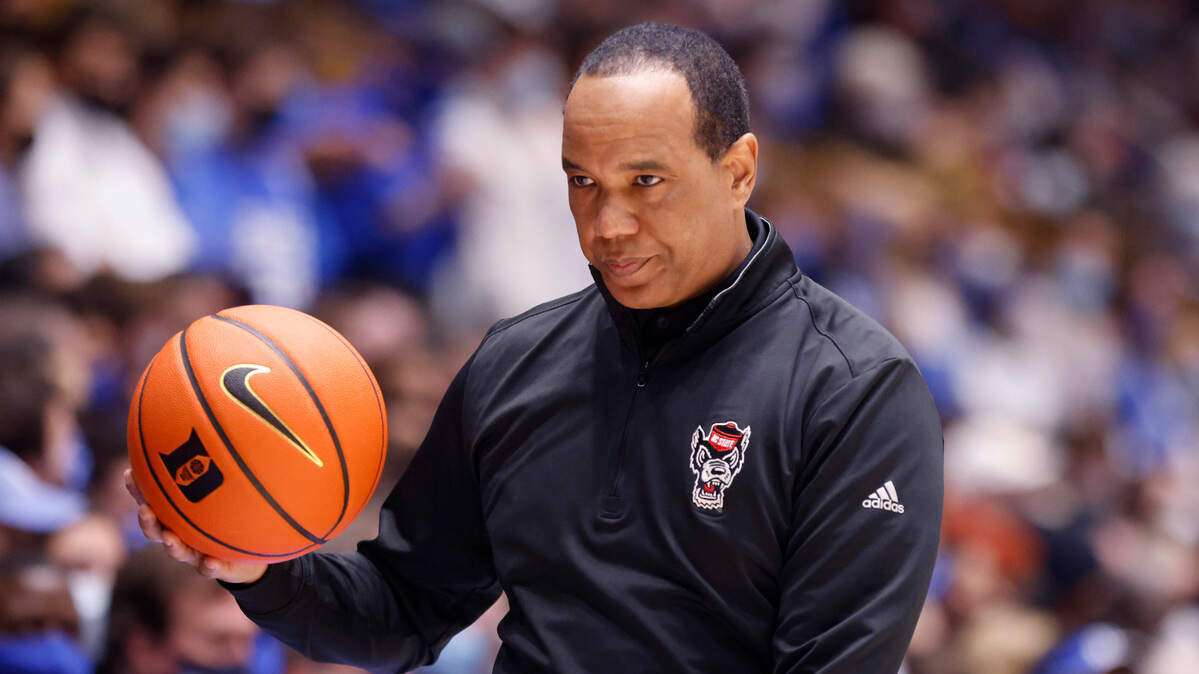 N.C. State head coach Kevin Keatts holds the basketball after it went out of bounds during the first half of Duke’s game against N.C. State at Cameron Indoor Stadium in Durham, N.C., Saturday, January 15, 2022.