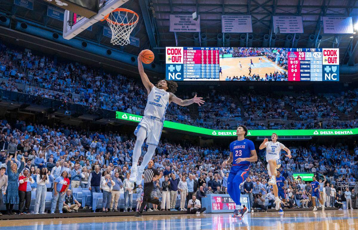 North Carolina guard Elliot Cadeau (3) breaks to the basket on a fast break in the first half against American University on Friday, November 15, 2024 at the Smith Center in Chapel Hill, N.C. Cadeau lead the Tar Heels with 18 points in their 107-55 victory.