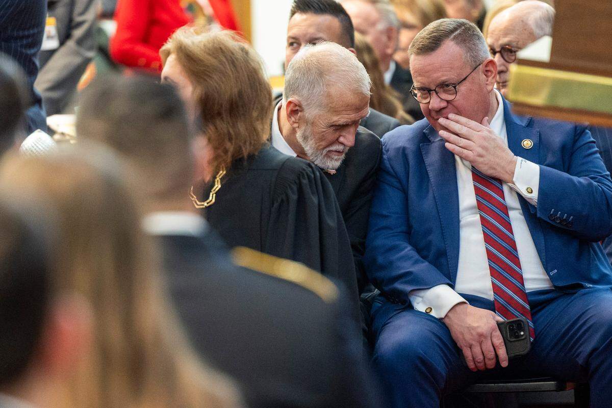 Former Republican North Carolina House Speakers U.S. Sen. Thom Tillis, left, and U.S. Rep. Tim Moore talk during the opening of the North Carolina General Assembly’s 2025 legislative session on Wednesday, Jan. 8, 2025, at the Legislative Building.